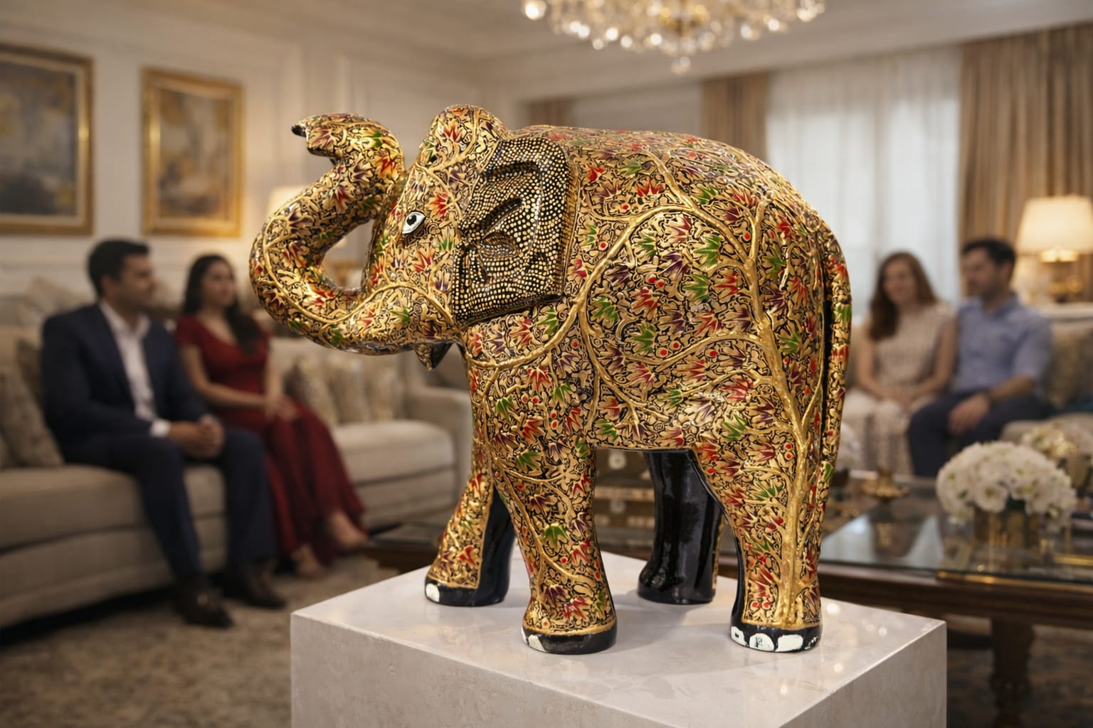Beautiful 14 inch handmade paper mache elephant from Kashmir, hand-painted by skilled artisans. A unique decorative piece showcasing traditional Kashmiri art and heritage.